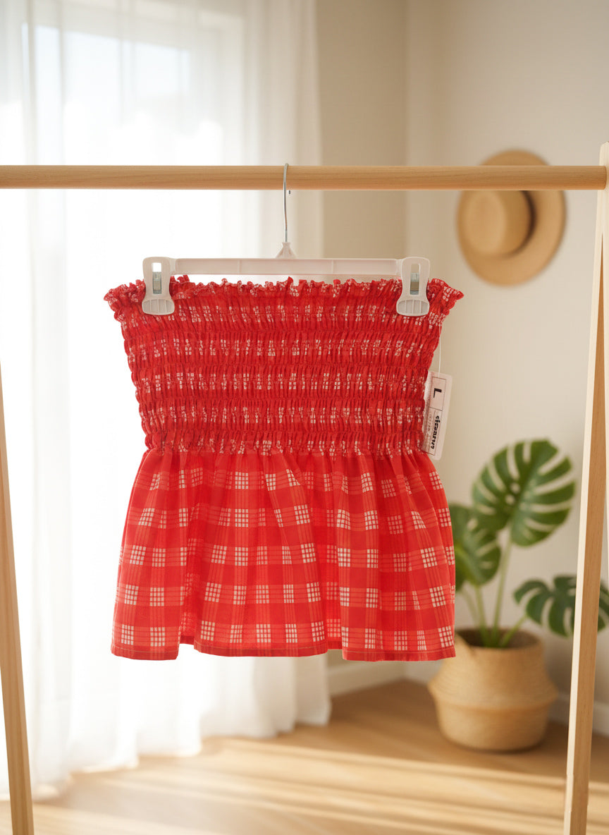 Red Palaka Shirred Tube Top