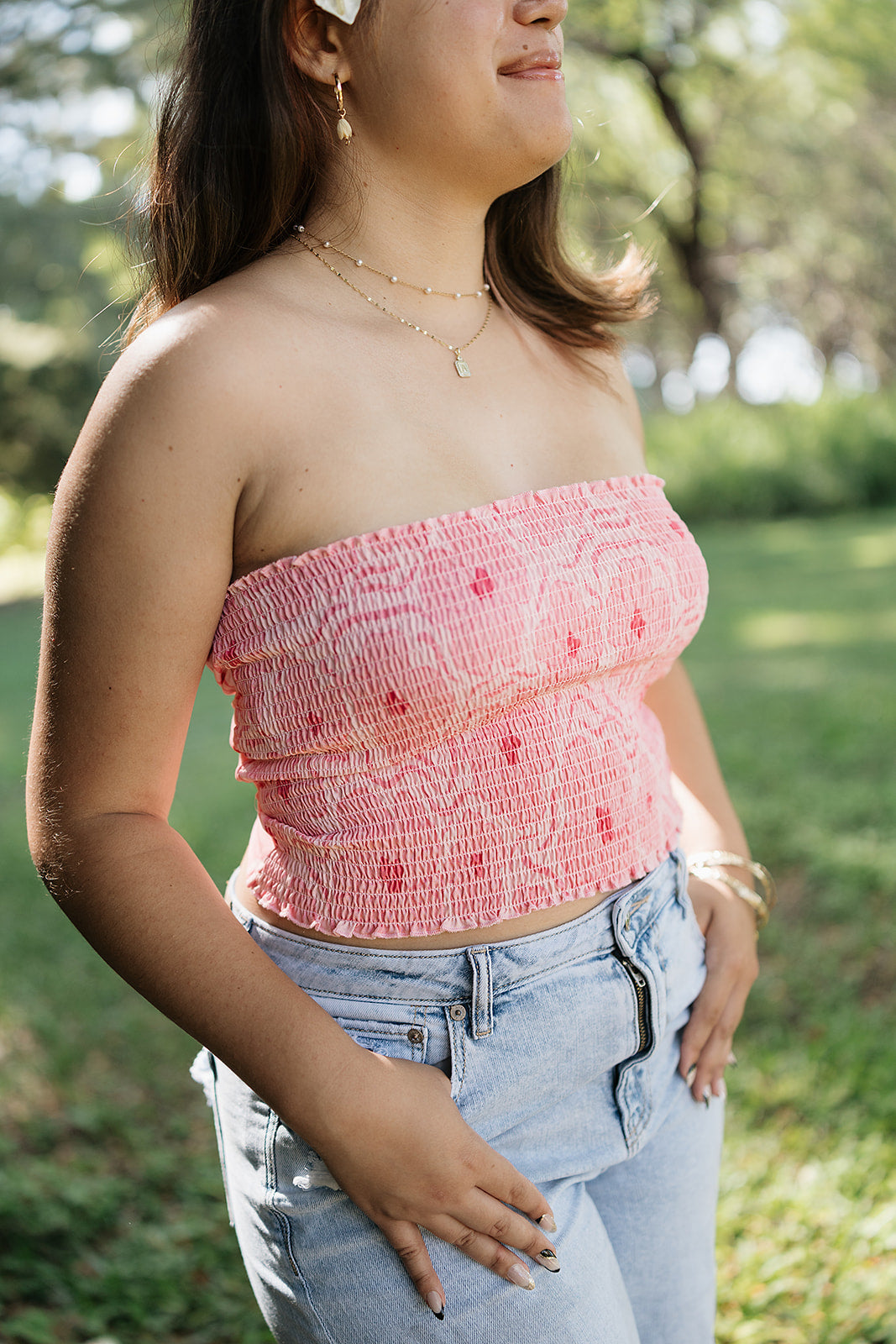 Guava Hibiscus Tie Back Tube Top