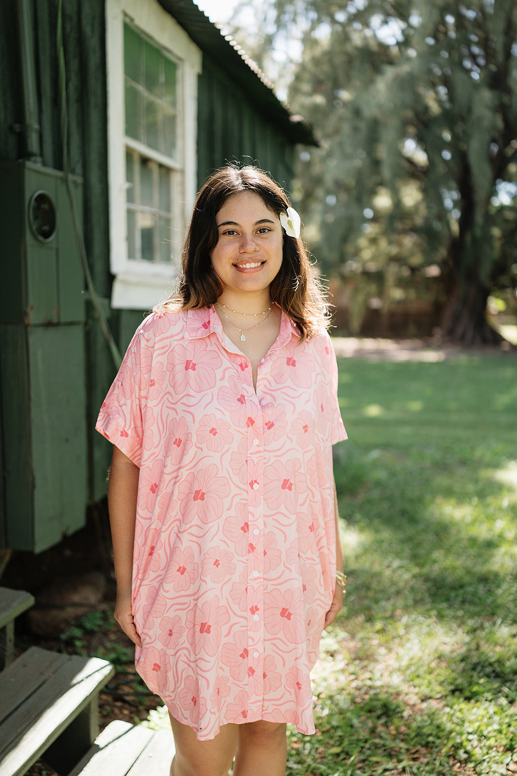 Guava Hibiscus Boxy Shirt Dress