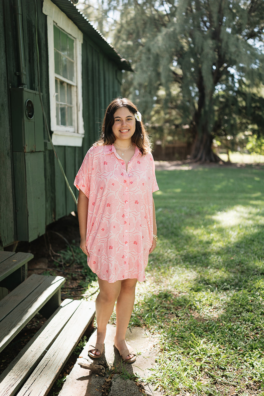 Guava Hibiscus Boxy Shirt Dress