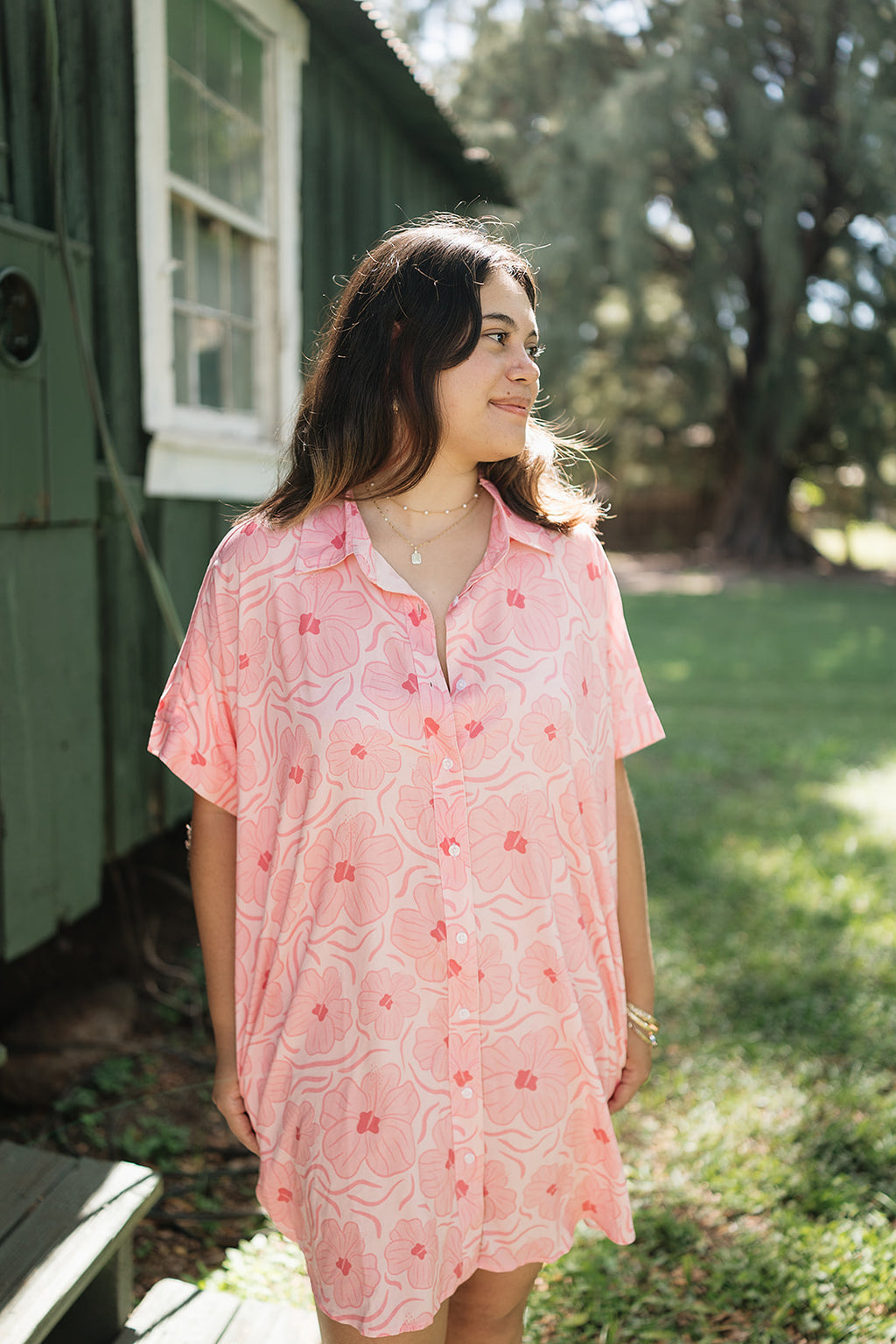 Guava Hibiscus Boxy Shirt Dress