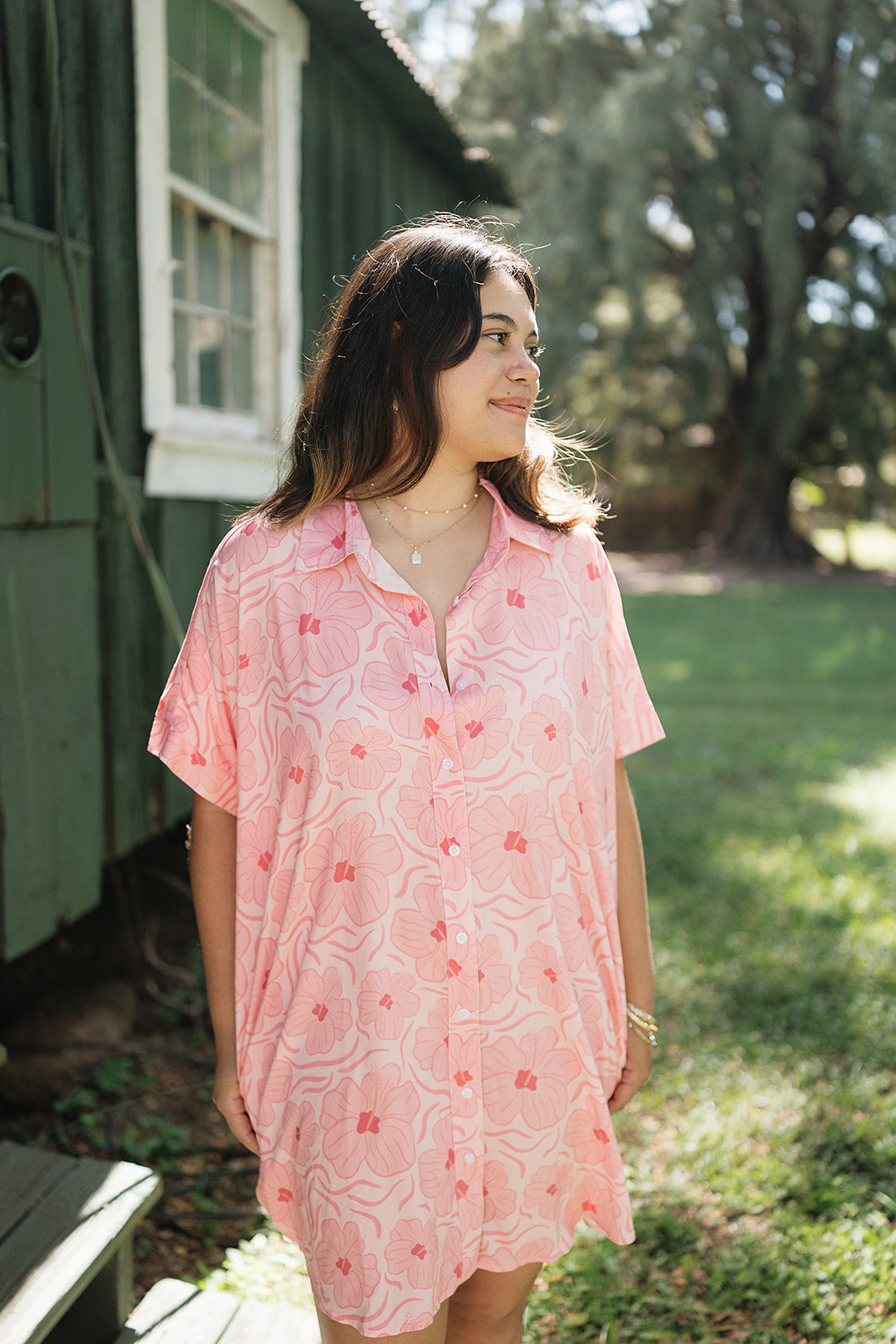 Guava Hibiscus Boxy Shirt Dress