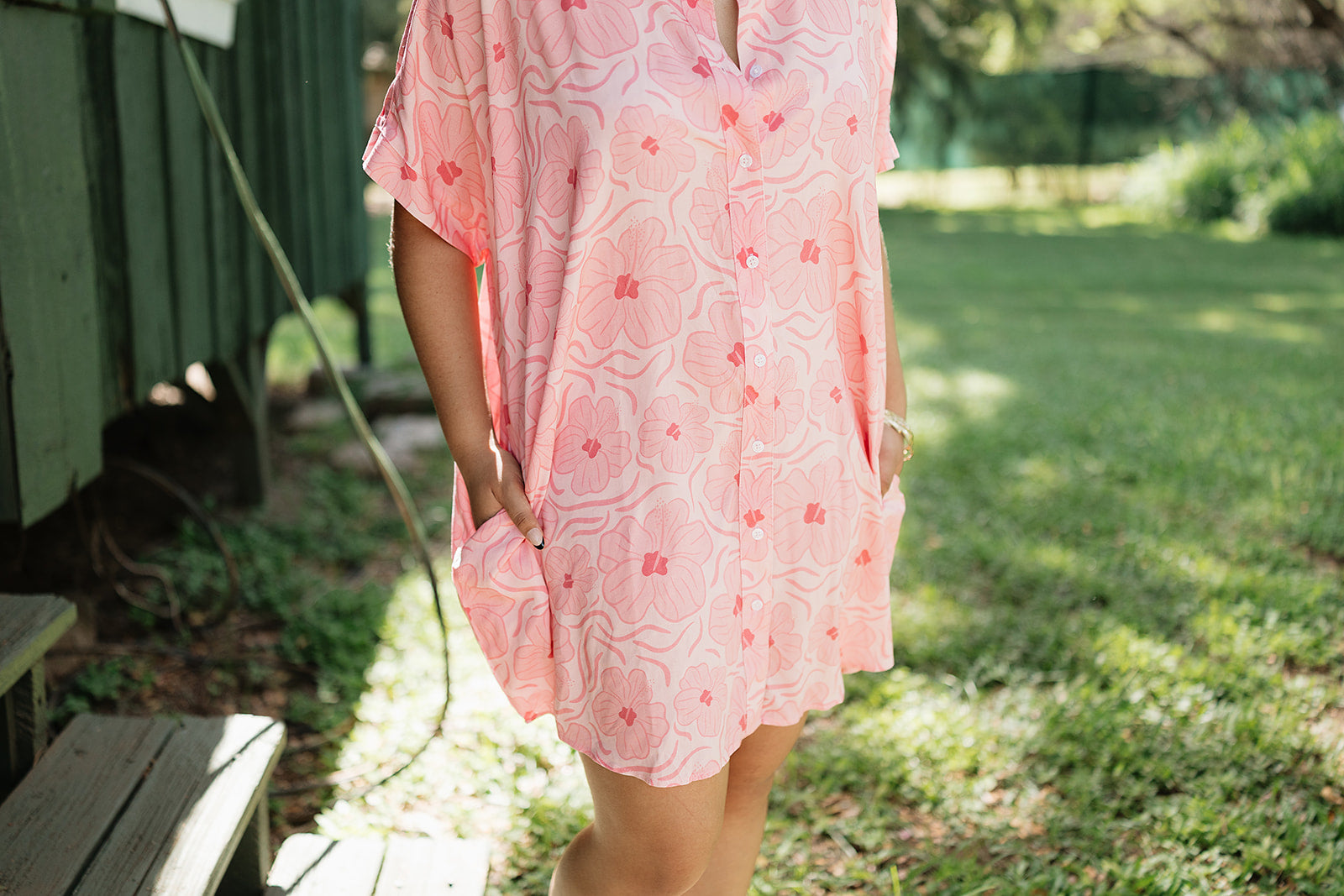 Guava Hibiscus Boxy Shirt Dress