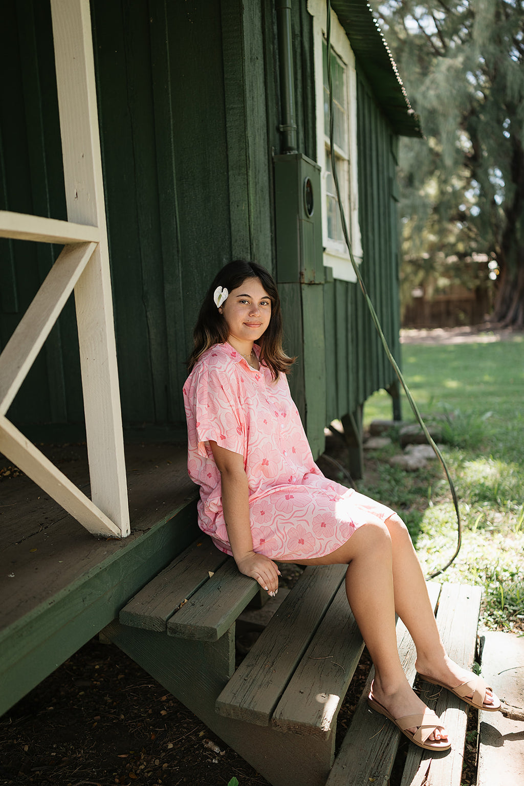 Guava Hibiscus Boxy Shirt Dress