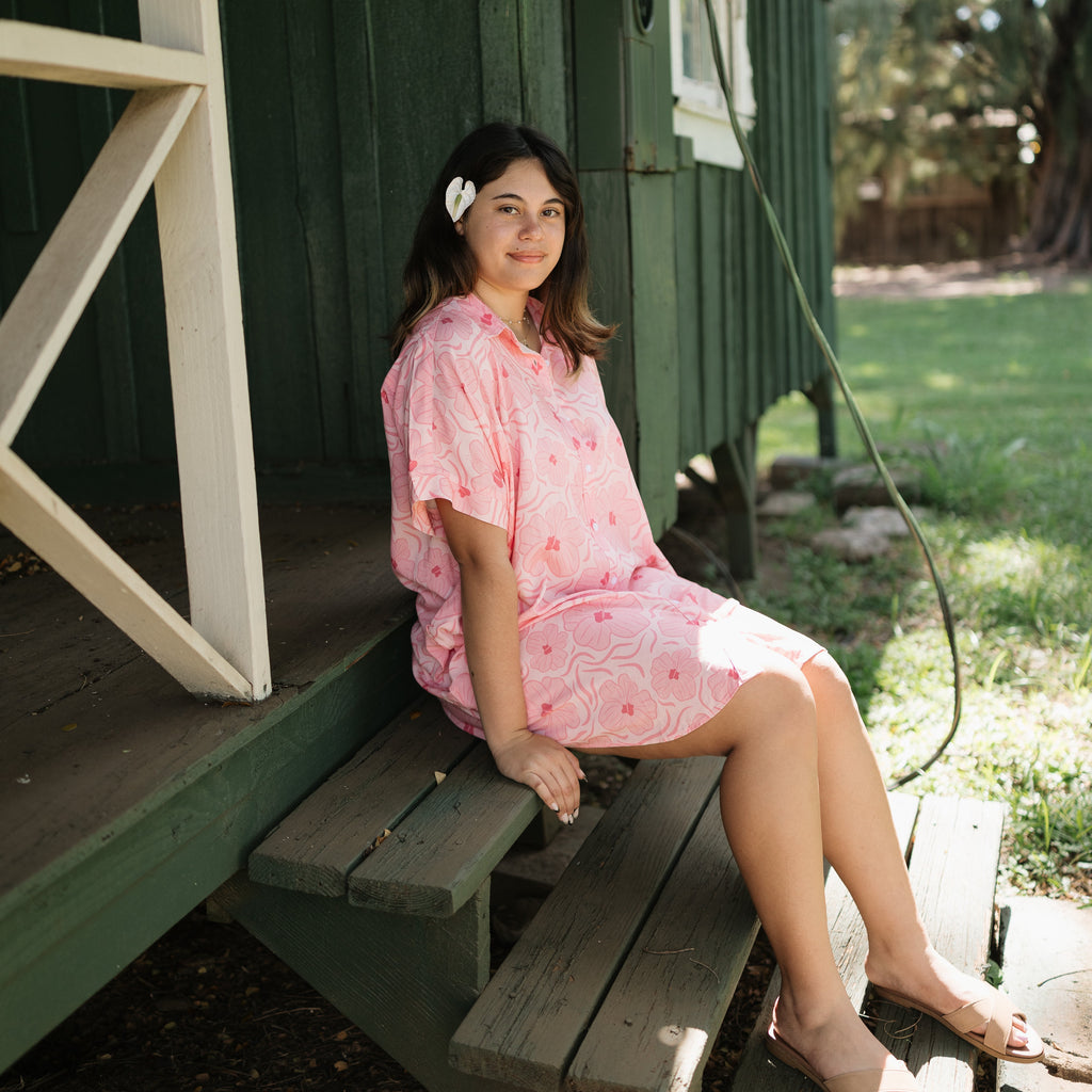 Guava Hibiscus Boxy Shirt Dress